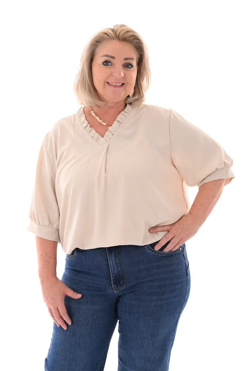 Top roezel v-hals beige