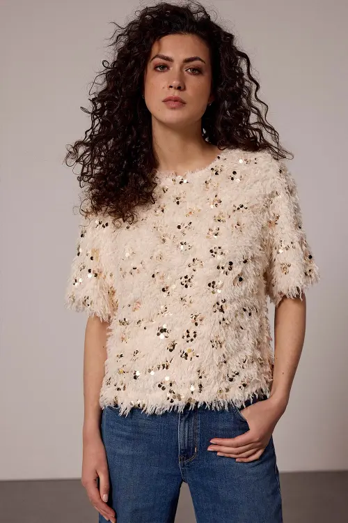 Tramontana feathered sequin top beige
