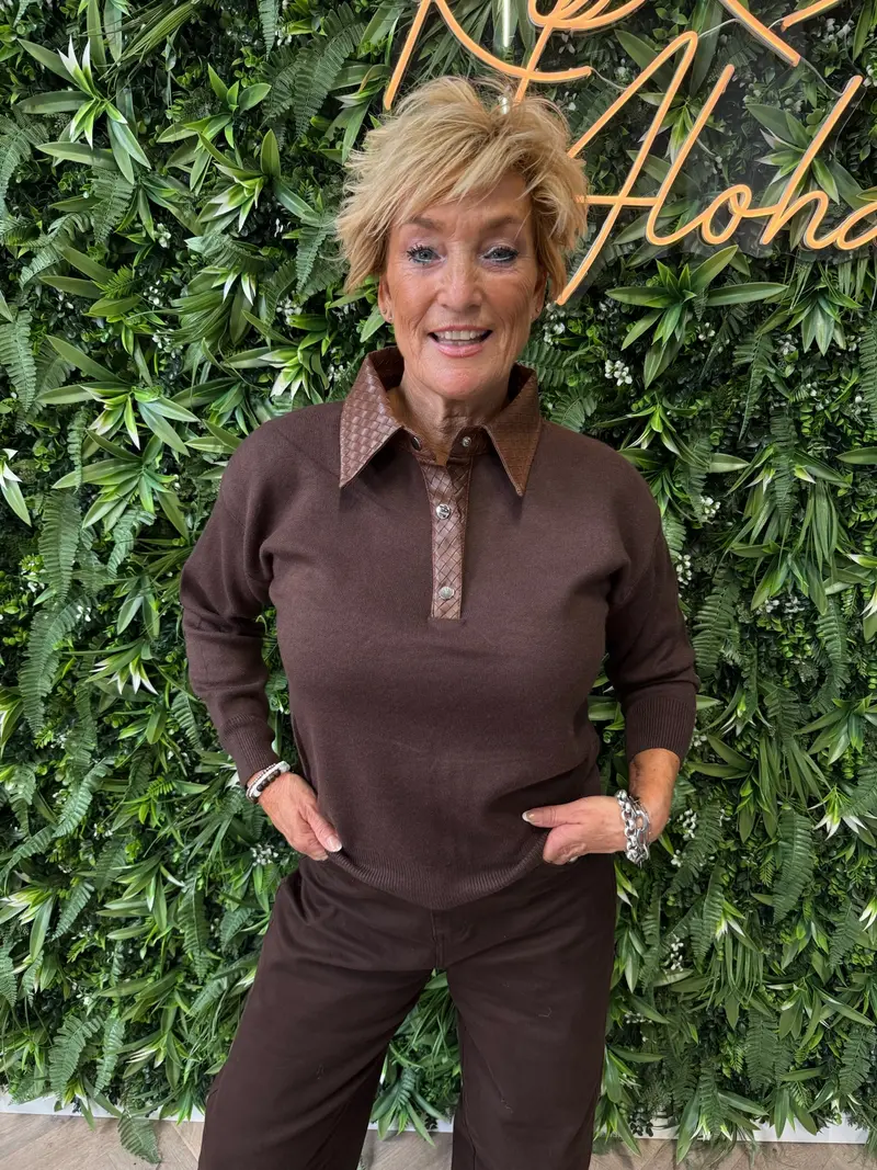 Trui leatherlook kraag bruin