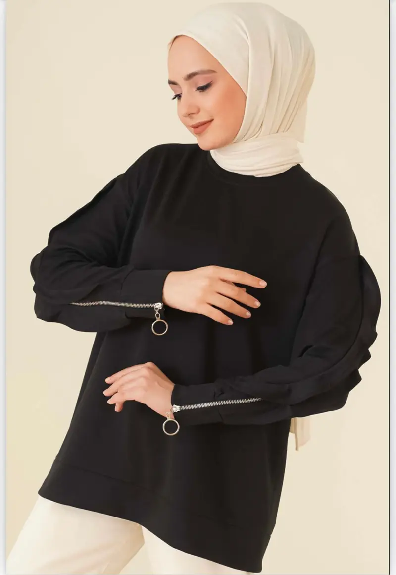Tuniek met gegolfd mouwen en rits | Zwart