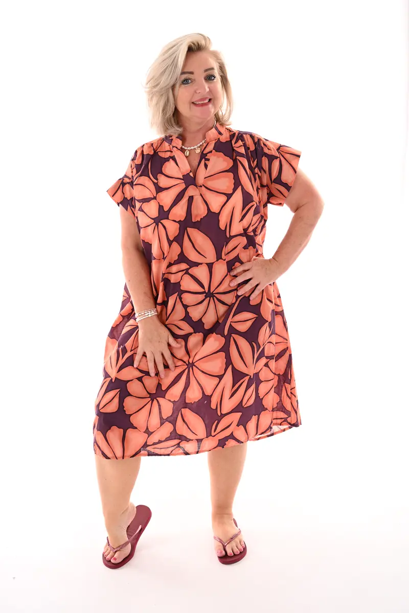 Tuniek v-hals print bladeren oranje/aubergine