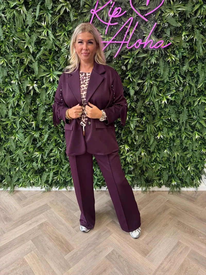 Tweedelig pak blazer met studs en franjes aubergine