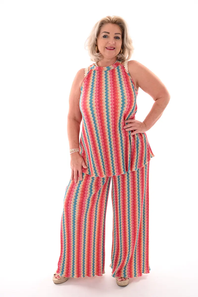 Tweedelig set plisse golf strepen blauw/lroze