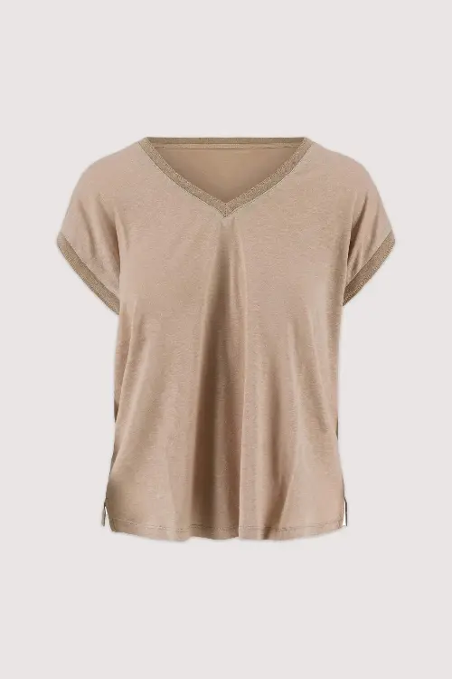 Zusss V hals top met lurex boord beige